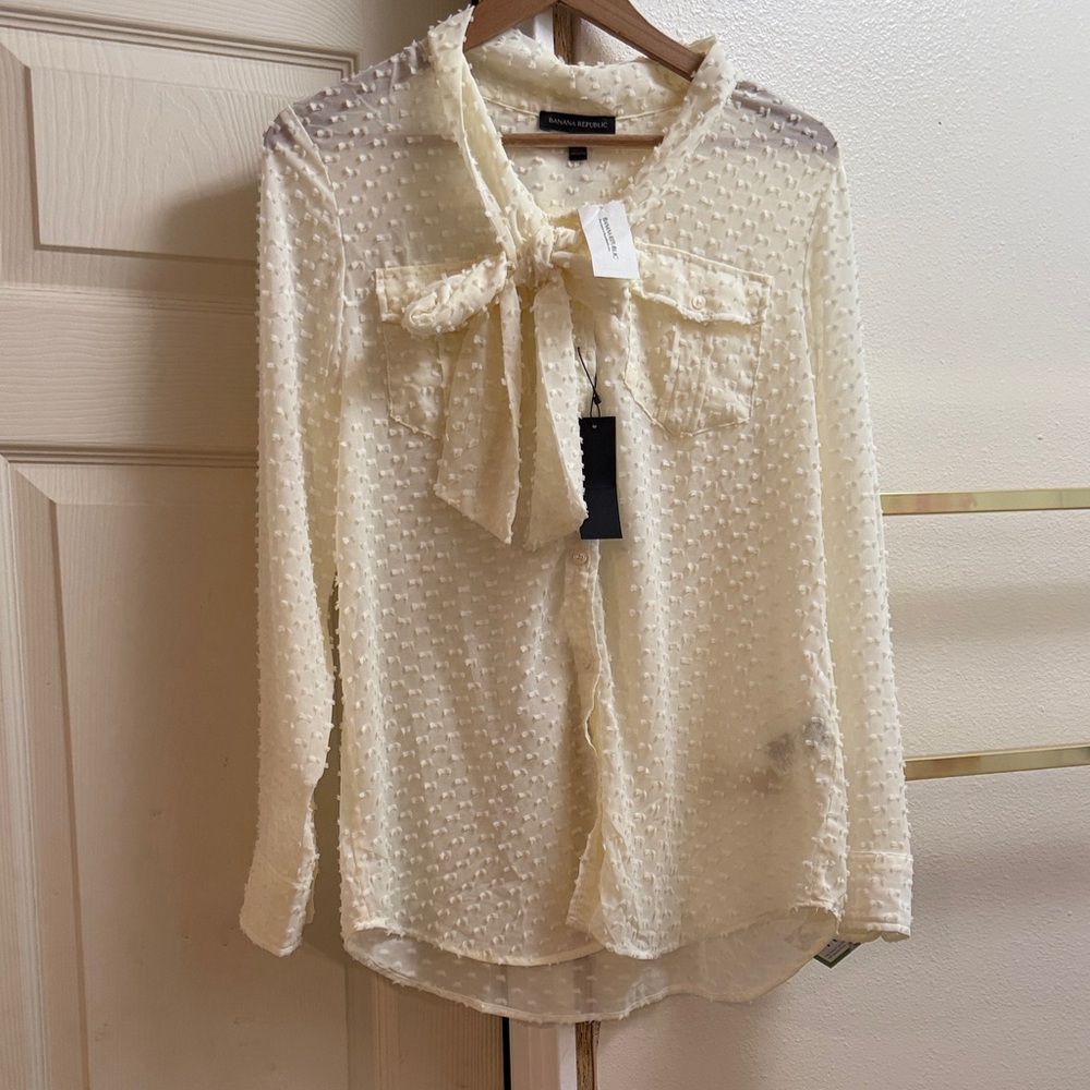 Banana Republic Ivory Dot Tie-Neck Blouse